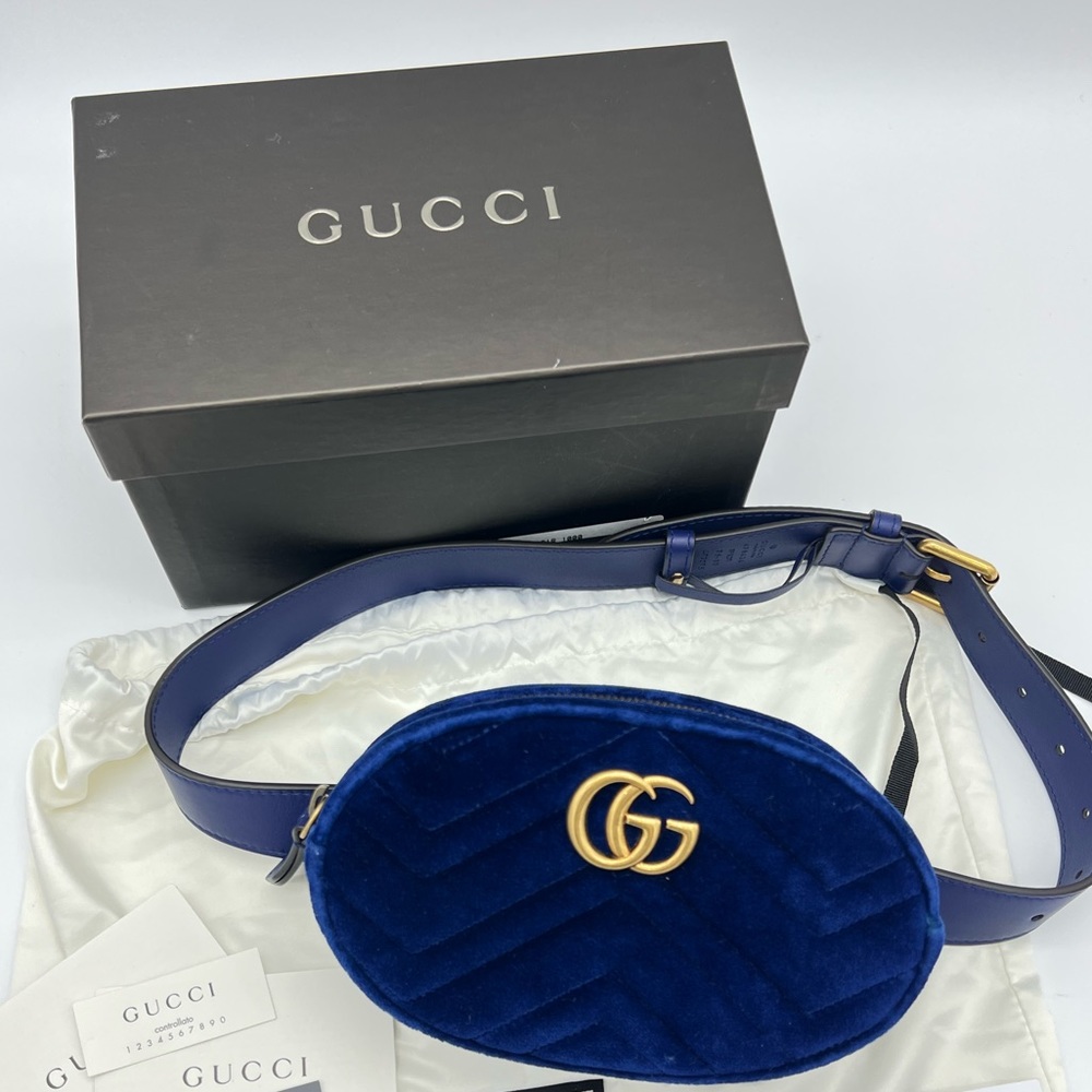 Authentic Gucci Marmont Blue Velvet belt bag